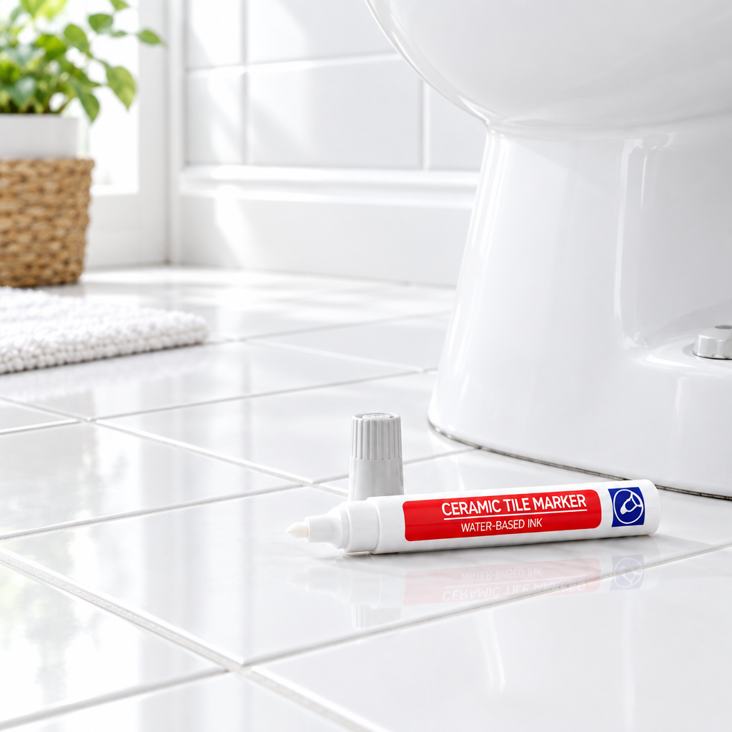 Uncapped white grout marker on glossy white bathroom floor tiles beside a toilet base, with a woven basket nearby.