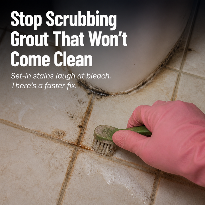 Pink-gloved hand scrubbing stained floor tile grout with a small brush beside a toilet base.