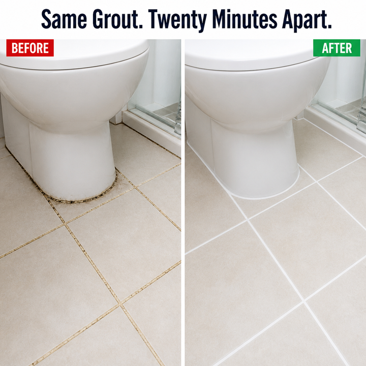 Before and after comparison of a bathroom floor around a toilet, with stained dark grout on the left and bright white grout lines on the right.