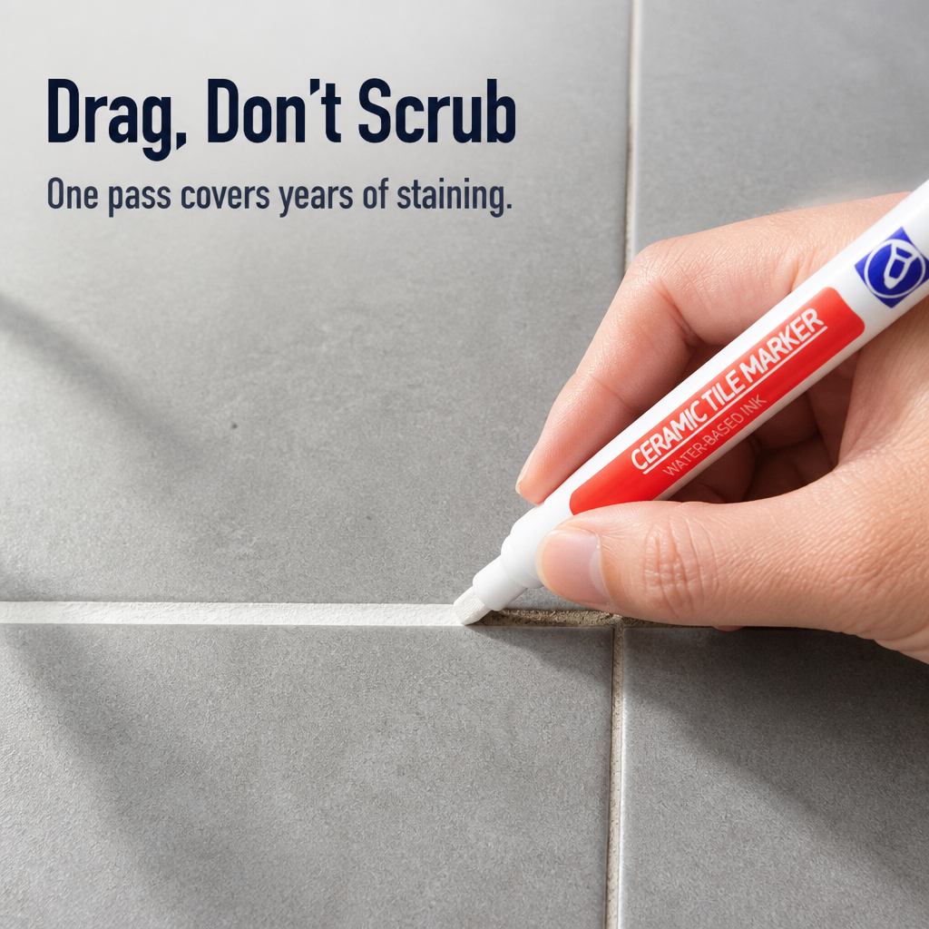 Hand dragging the marker tip along a gray tile grout line, leaving a clean white stripe behind the stained section.