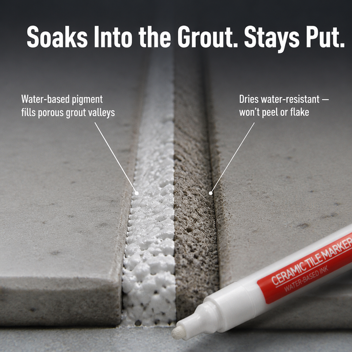 Close-up of a grout line half filled with white pigment beside bare gray grout, with the marker tip resting in the corner.