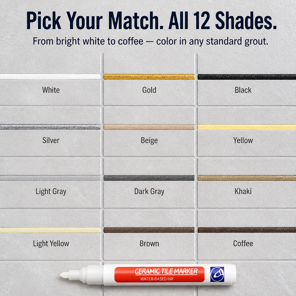 Chart of twelve grout color swatches, from white to coffee, painted on gray tile lines, with the marker lying below.