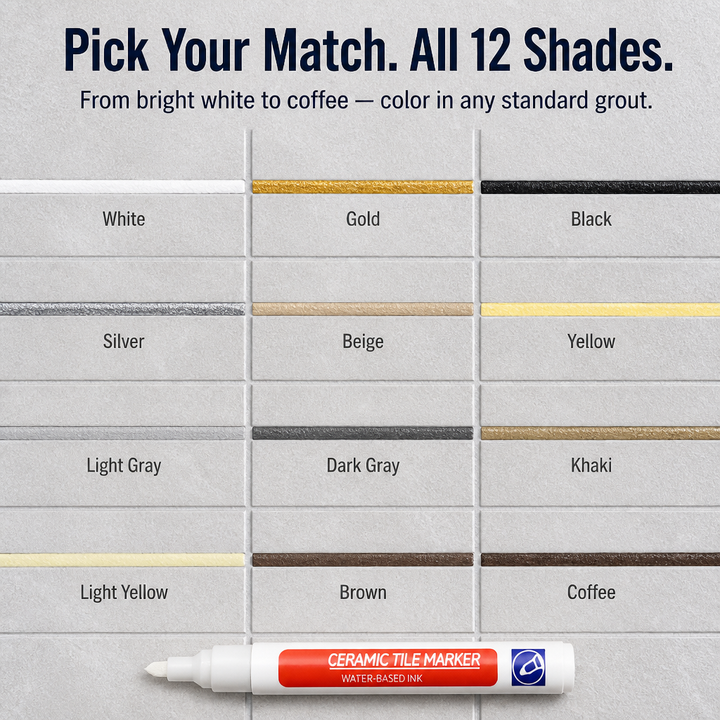Chart of twelve grout color swatches, from white to coffee, painted on gray tile lines, with the marker lying below.