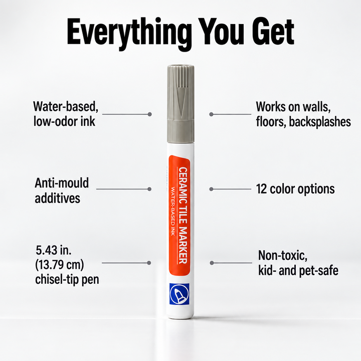 Capped marker standing upright against a plain light background, surrounded by callouts listing its ink, size, color options and safety features.
