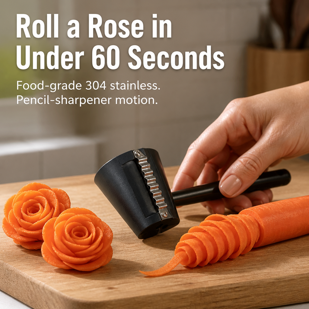 Black vegetable rose maker tool on a carrot beside two carrot roses on a wooden board.