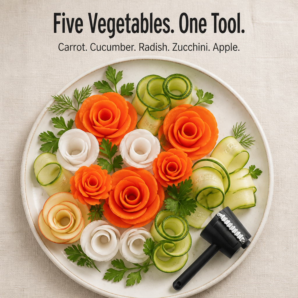 Another view of the black vegetable rose maker tool beside carrot, radish and cucumber roses on a plate.