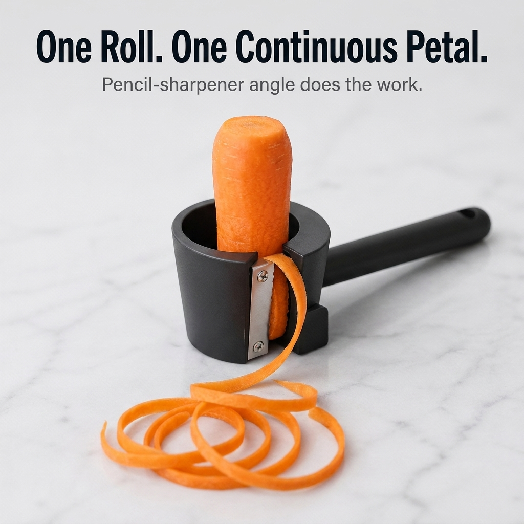 Another view of the black vegetable rose maker tool with a peeled carrot and a curling orange ribbon.