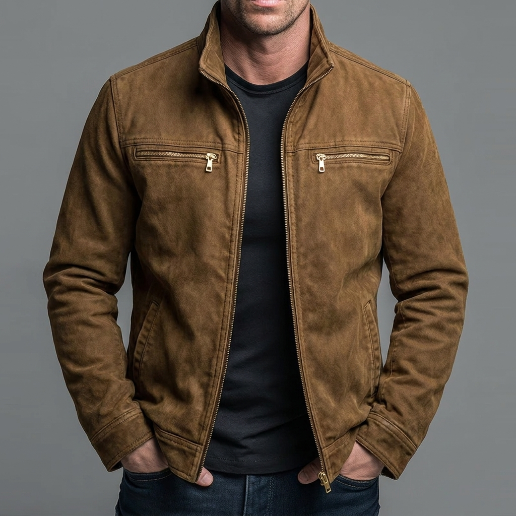 Man wearing the jacket in tan brown with a suede-like finish and gold zippers, open over a black tee.