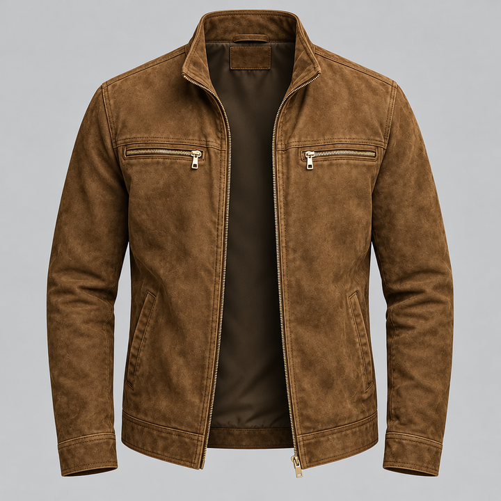 Tan brown jacket with a suede-like texture shown flat, unzipped to reveal a dark brown lining and gold-tone zippers.