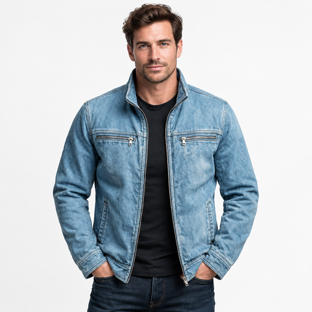 Man against a white background wearing the light blue washed denim-style jacket over a black tee and jeans.
