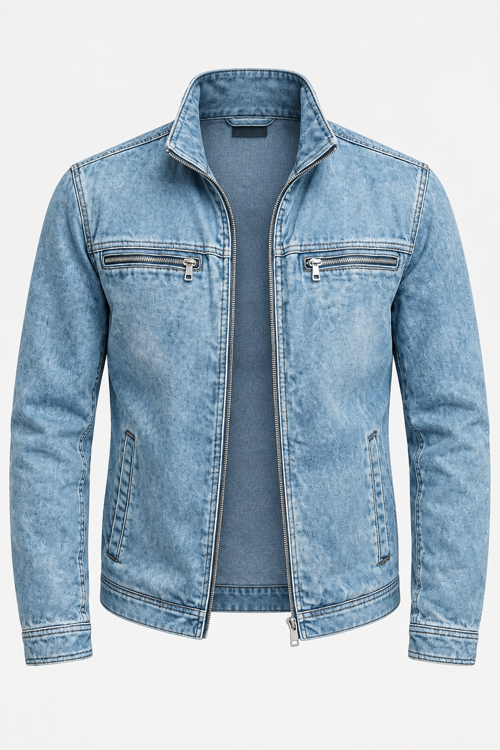 Light blue washed denim jacket shown flat on a white background, unzipped, with silver zippers and contrast stitching.