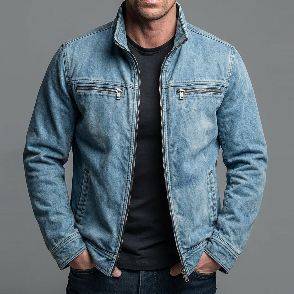 Man wearing the jacket in light blue washed denim with silver-tone zippers, open over a black tee.