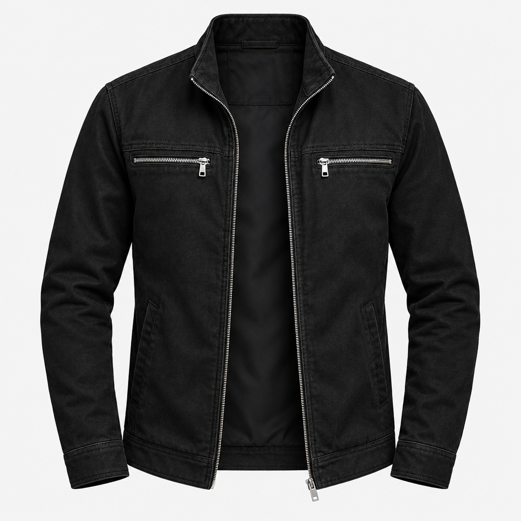 Black jacket shown flat on a white background, unzipped to reveal the black lining, with silver zippers on chest pockets.