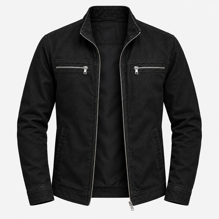 Black jacket shown flat on a white background, unzipped to reveal the black lining, with silver zippers on chest pockets.