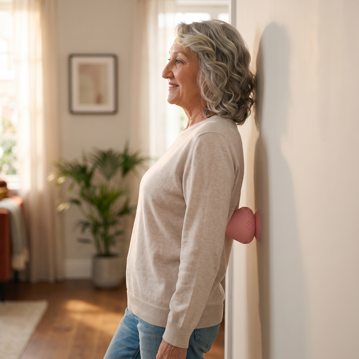 Smiling older woman in a beige sweater leans her back against a wall with a pink massager stuck between her and the wall. 10