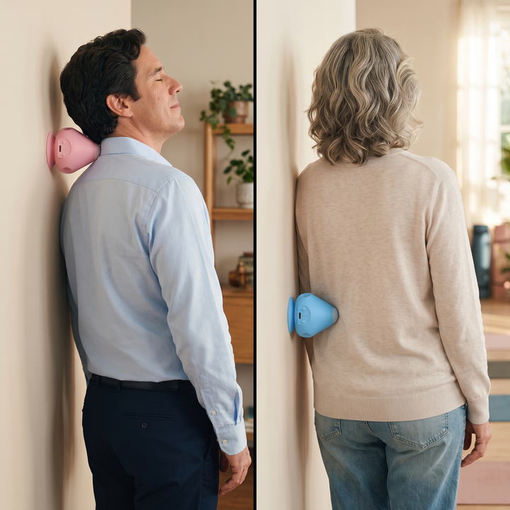 Split photo: a man presses his neck against a pink massager stuck to a wall, while a woman uses a blue one on her lower back. 3