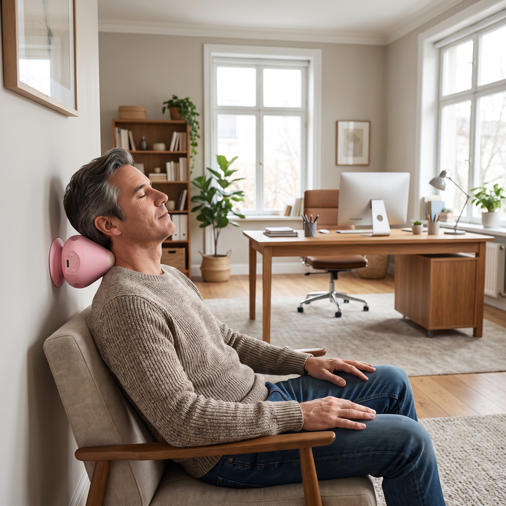 Man in a knit sweater sits in an armchair in a home office, resting his neck against a pink massager mounted on the wall. 6