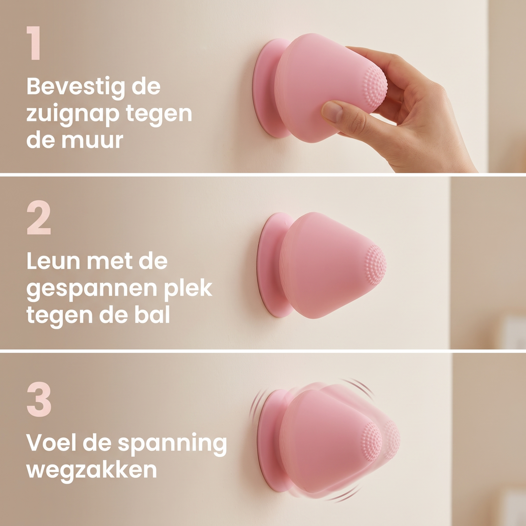 Three-step panel showing a pink massager pressed onto a wall by hand, then leaned against, then vibrating with motion lines. 4