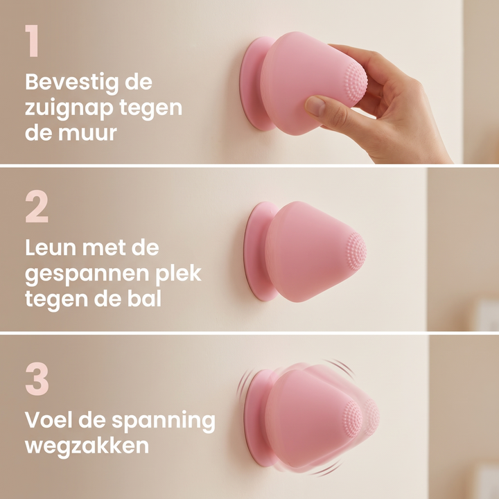 Three-step panel showing a pink massager pressed onto a wall by hand, then leaned against, then vibrating with motion lines. 4