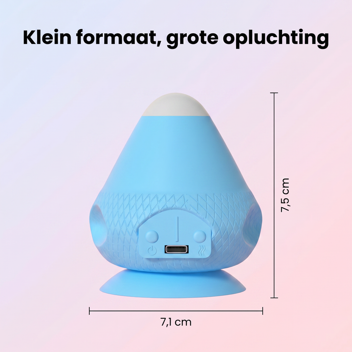Blue cone-shaped massager with a pale tip, textured grip band, control panel with USB-C port, and suction base, shown with size dimension lines. 1