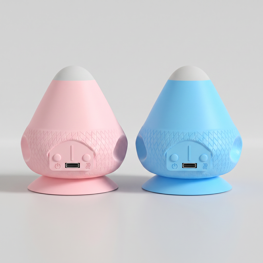 Pink and blue massagers side by side on a light background, each showing the textured band, control buttons, USB-C port, and suction base. 11