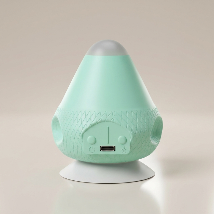 Mint green massager with a white suction base, shown from the front with its patterned grip band, control buttons, and USB-C port. 16