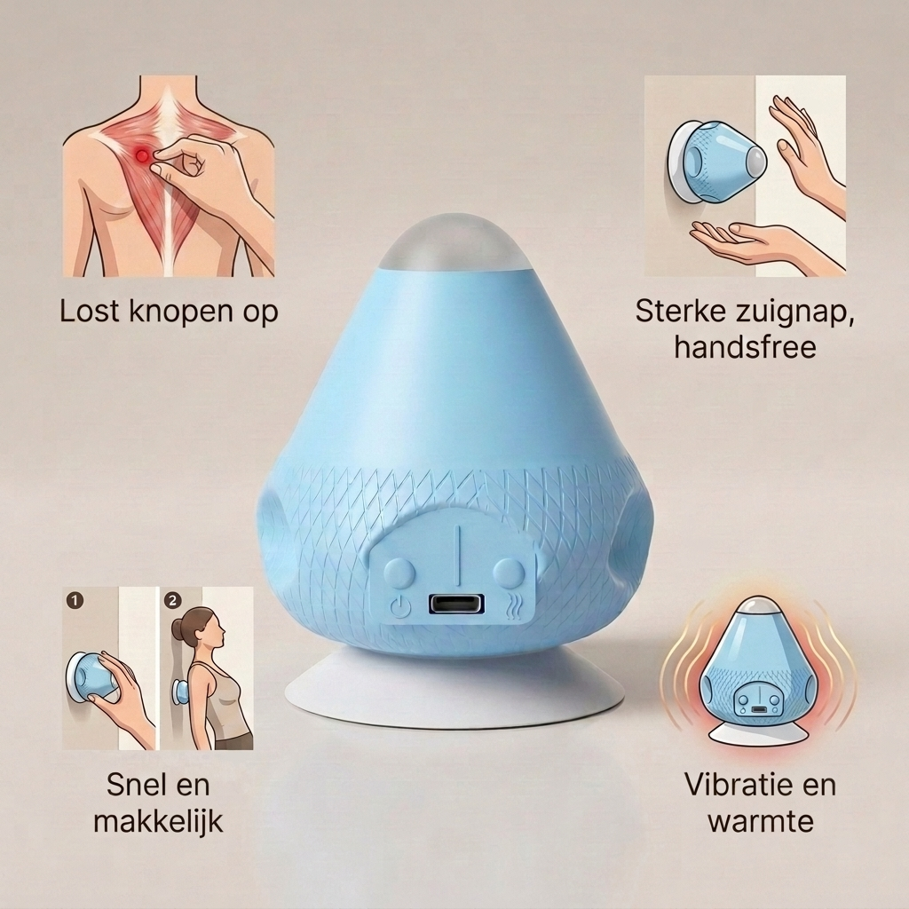 Blue massager at center surrounded by four small illustrations showing knot relief, hands-free suction mounting, quick setup steps, and vibration with heat. 7