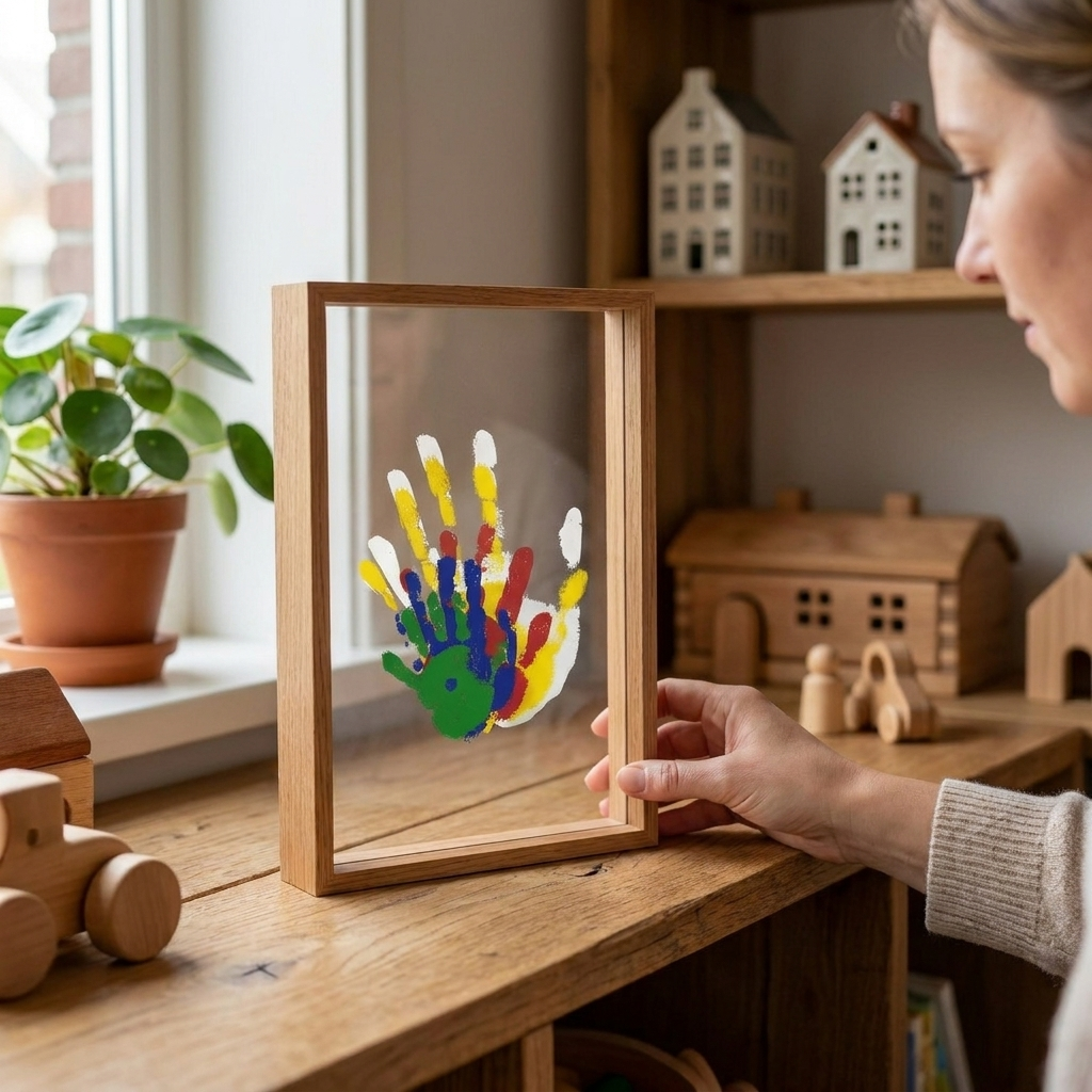 Family Handprint Keepsake Kit with Frame in a light wooden frame with clear panels and a layered multicolor handprint