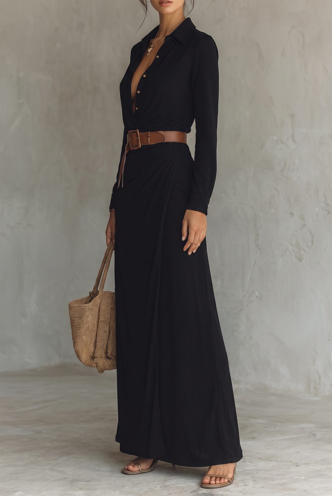 Black maxi shirt dress with brown leather belt and gold buttons, model holding a woven tote and wearing strappy heels.