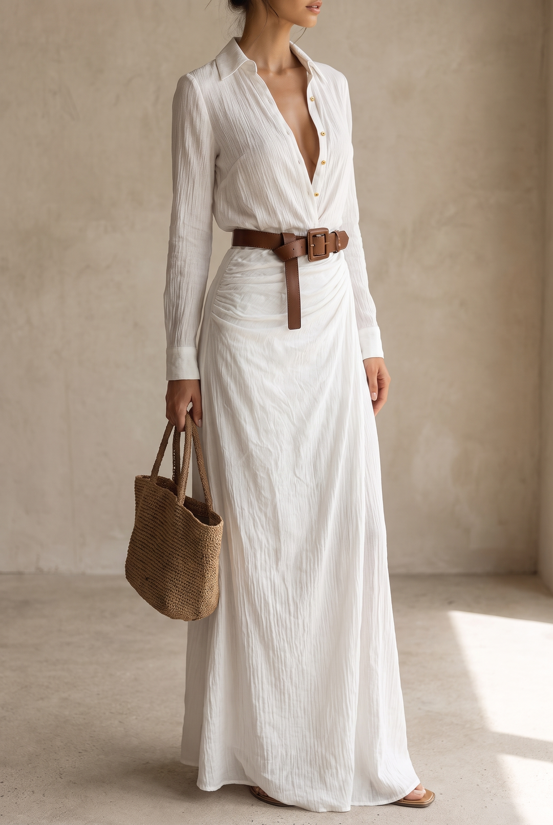 Yellow long-sleeve maxi dress with gold buttons and a knotted brown belt, model holding a woven straw tote.