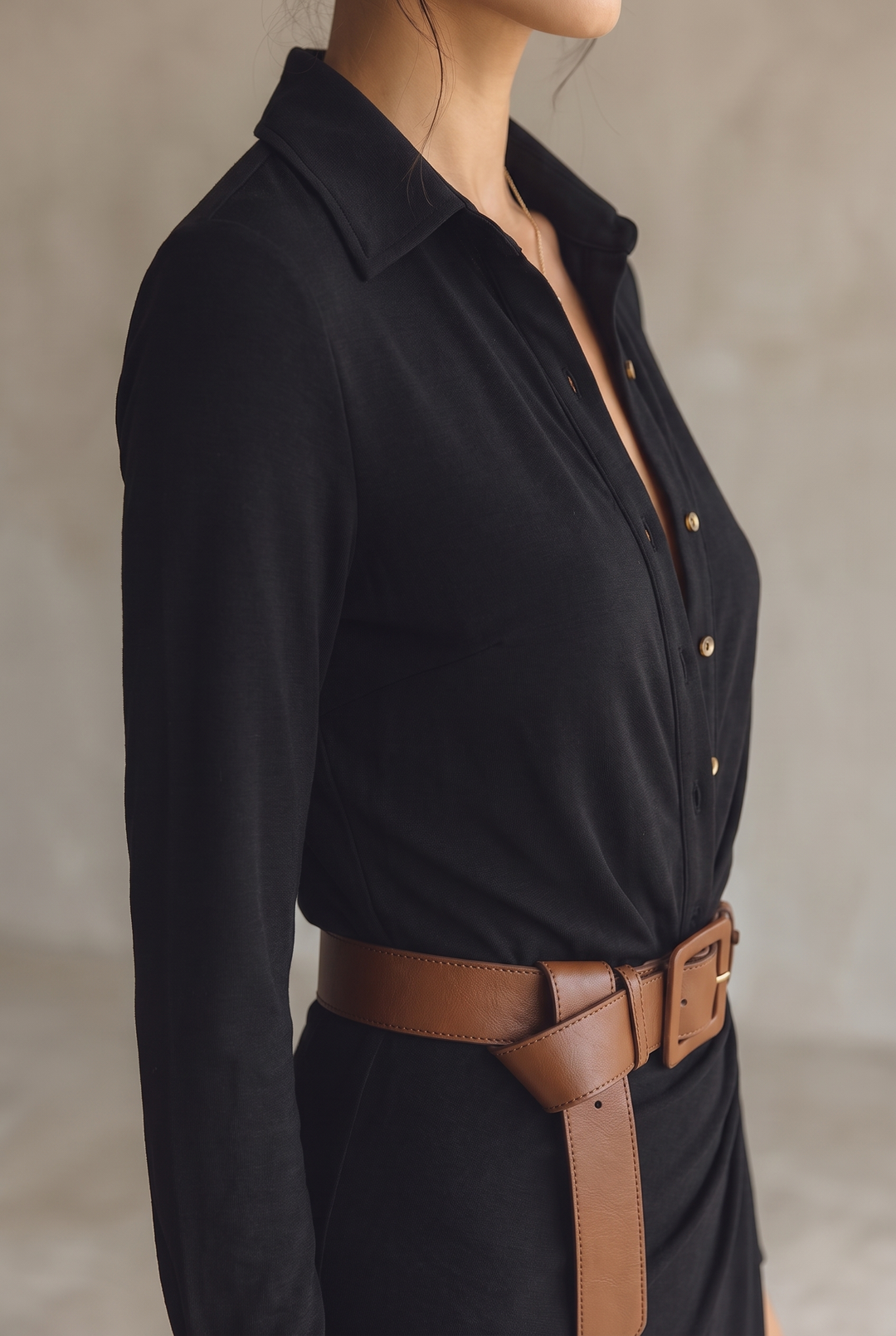 Side close-up of the black dress showing the collar, gold buttons, fitted bodice and wide brown belt with hanging end.
