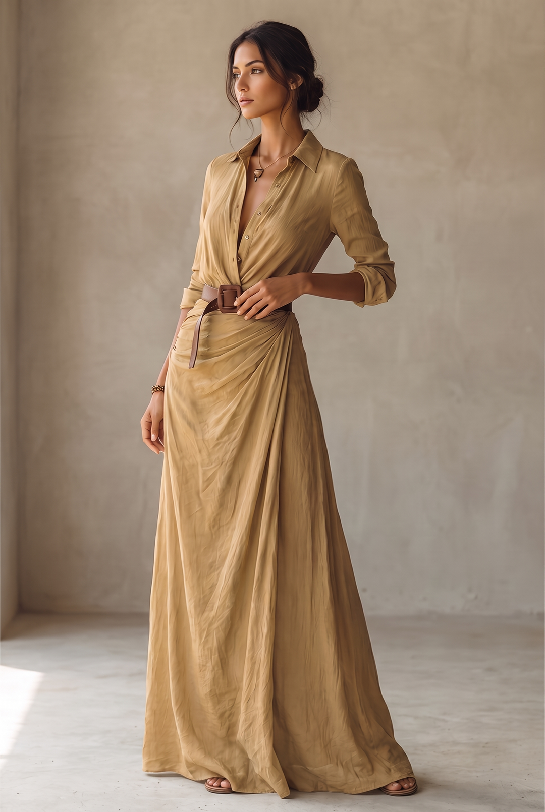 Second full-length front view of the yellow belted maxi dress, model glancing sideways with one hand resting at the waist.