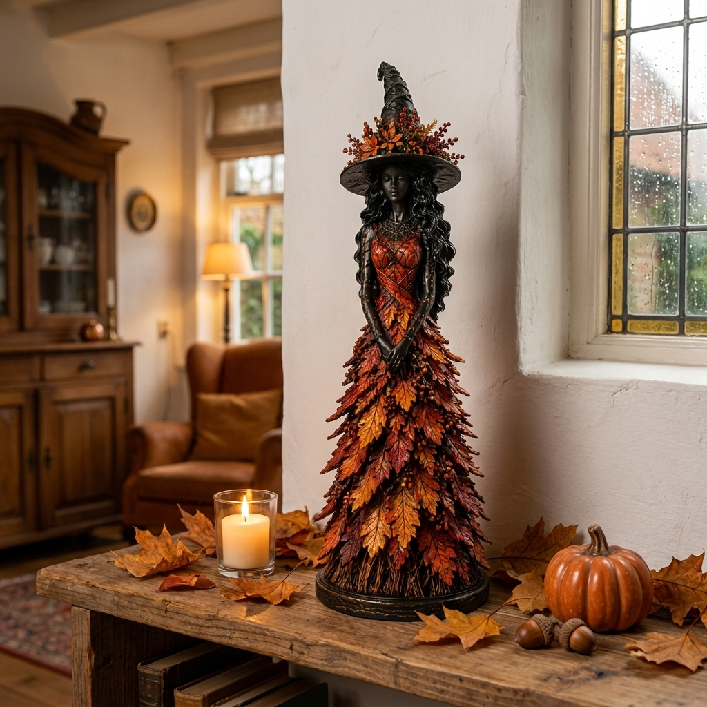 Red and orange leaf-gown witch figurine on a rustic wooden table with a lit candle, pumpkin and acorns near a window. 1