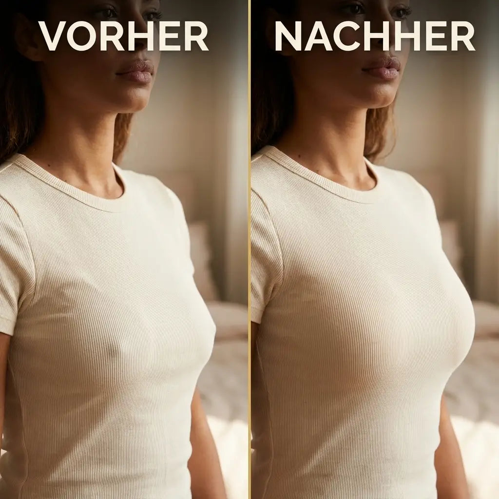 Another view of the beige balconette bra showing a rounder bustline.
