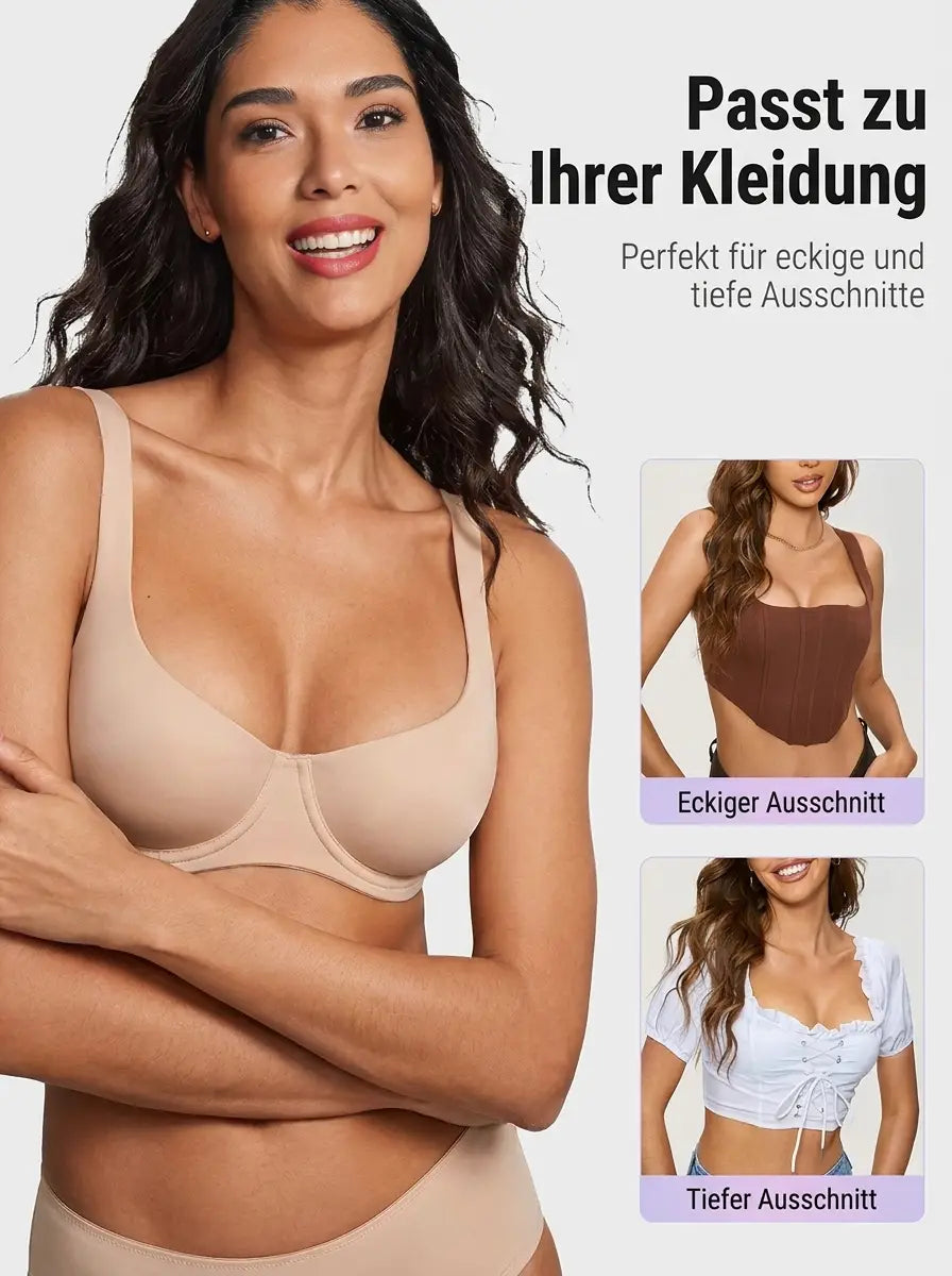Beige balconette bra shown with neckline comparison in inset photos.
