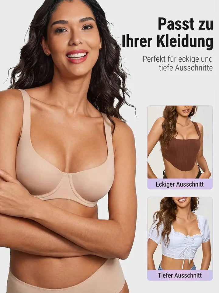 Beige balconette bra shown with neckline comparison in inset photos.