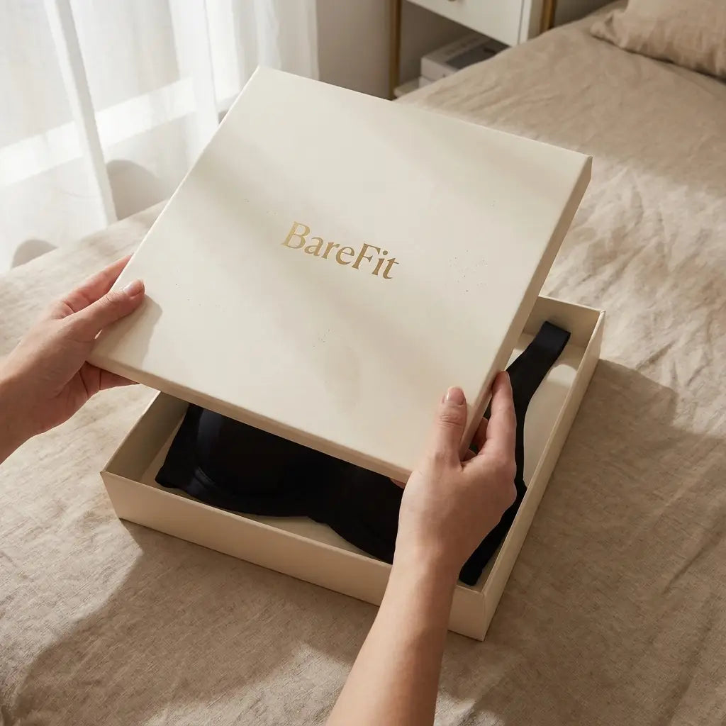 Black bra in a cream gift box on a linen bed.