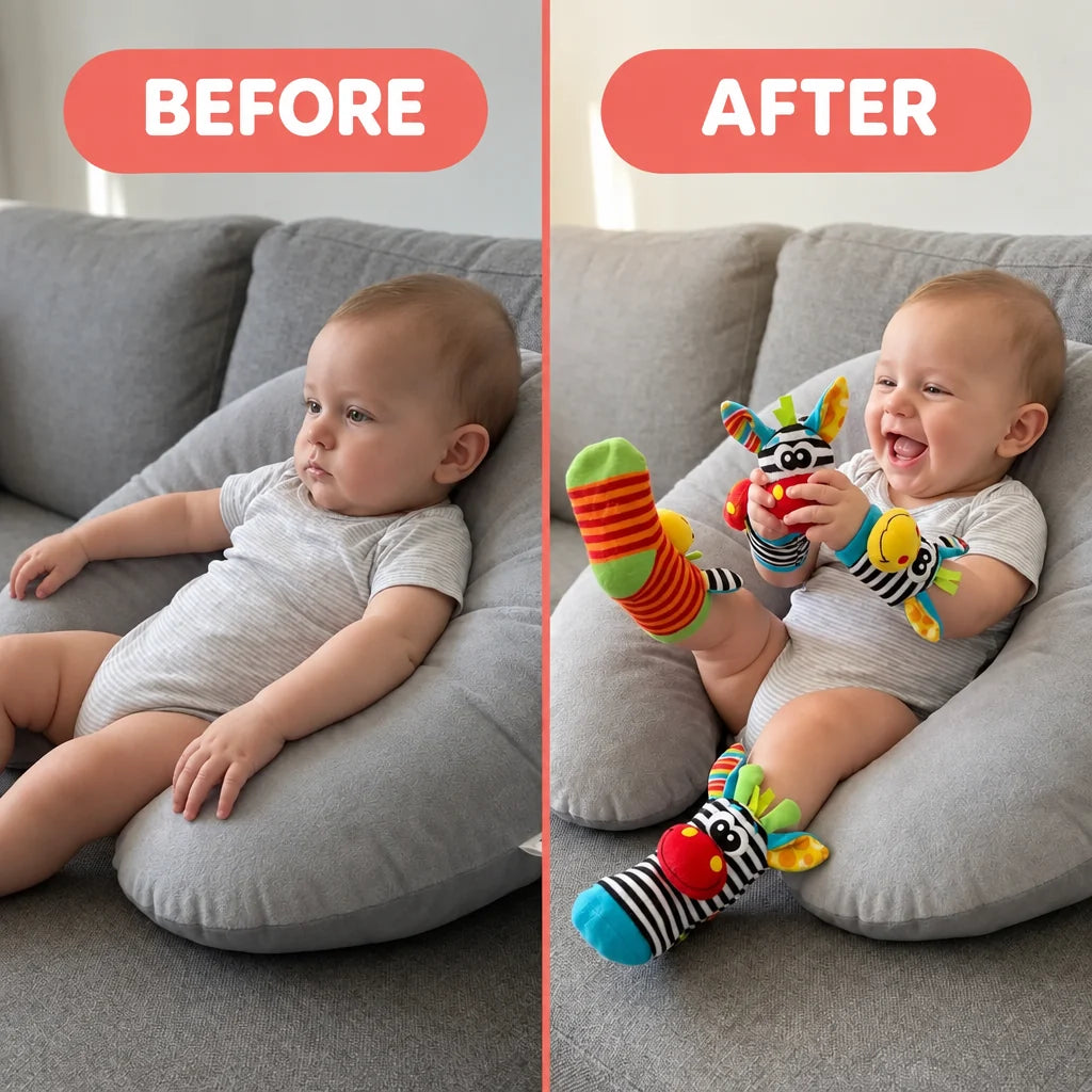 Another view of the wrist rattles and foot socks on a baby resting on a gray nursing pillow.