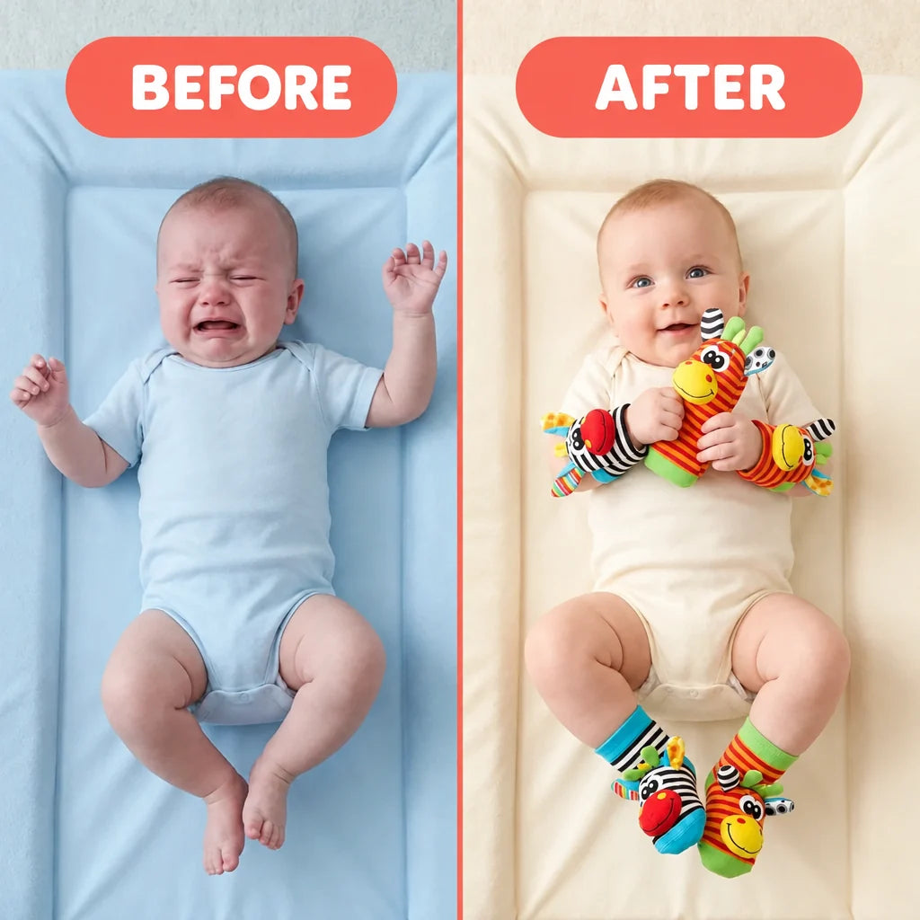 Another view of the wrist and foot rattles on a baby with a blue changing mat.
