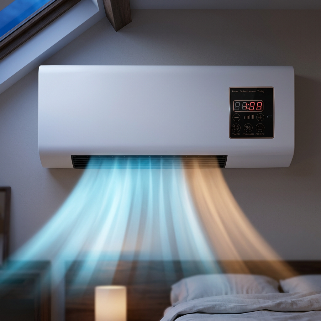 White wall-mounted ductless air conditioner in a bedroom, with cool blue and warm orange airflow.