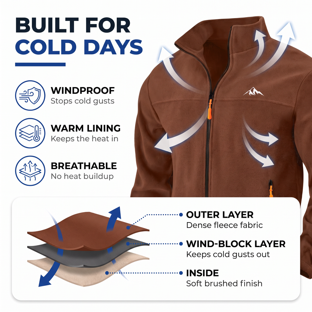 Infographic of the brown fleece jacket with airflow arrows and a layered diagram of outer, wind-block and brushed inner 2