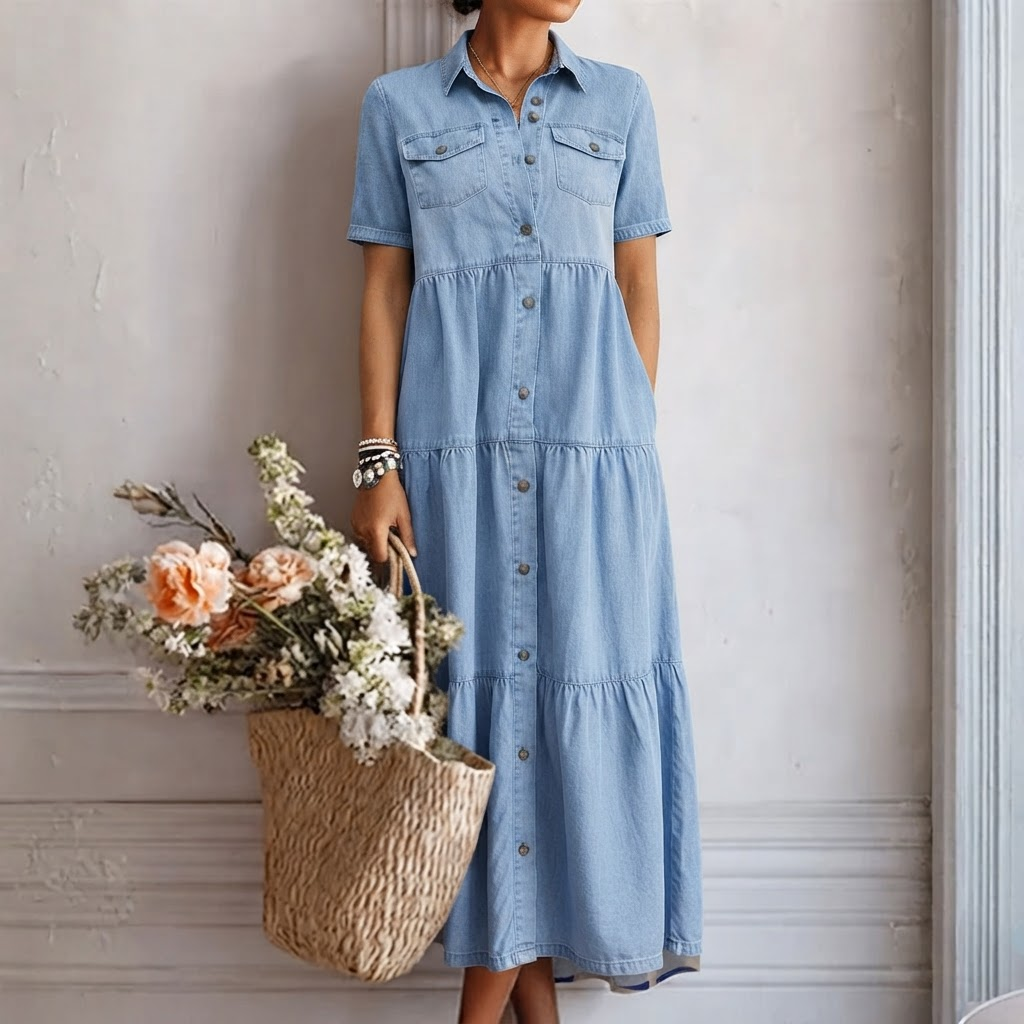 Light blue tiered denim dress with a relaxed fit, shown on a model holding a straw tote.