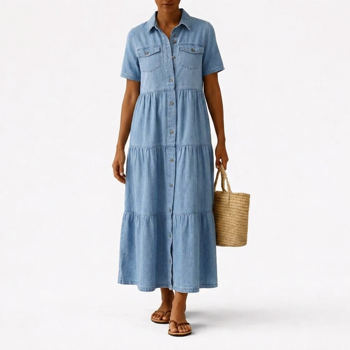 Front view of the light blue tiered denim dress with a full button placket and chest flap pockets.