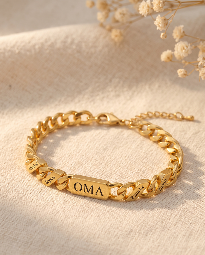 Gold-tone engraved name bracelet with an adjustable extender chain