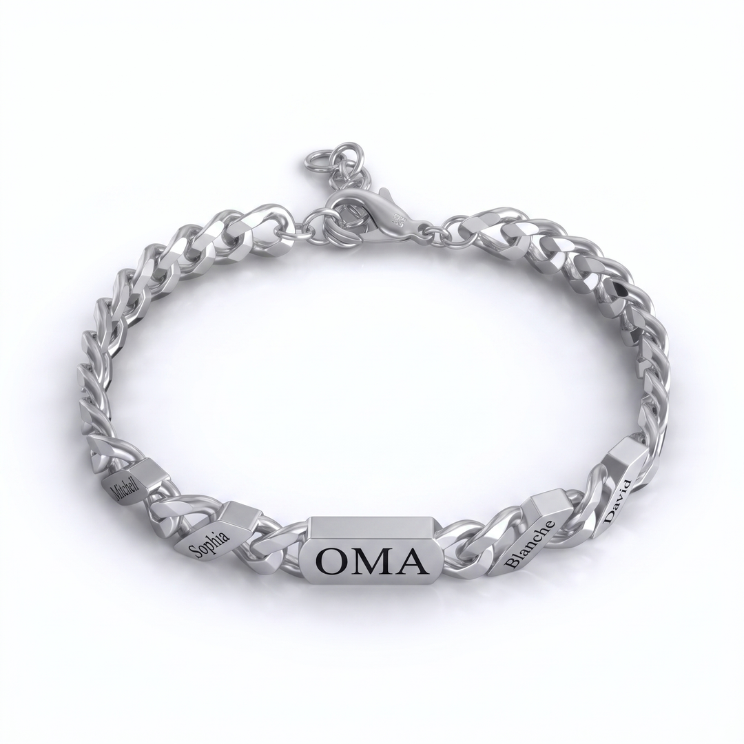 Silver-tone curb chain bracelet with a central engraved bar and four smaller engraved name links