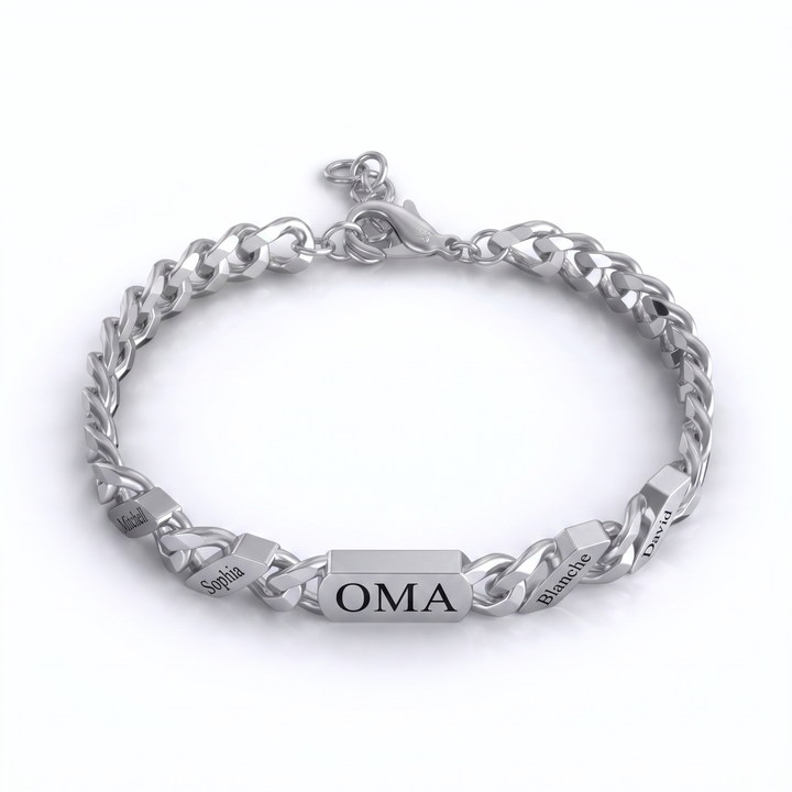 Silver-tone curb chain bracelet with a central engraved bar and four smaller engraved name links