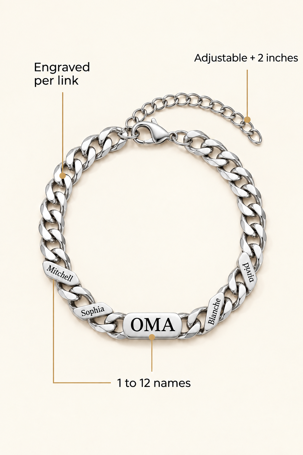 Silver-tone bracelet with engraved name links and an adjustable 2-inch extension
