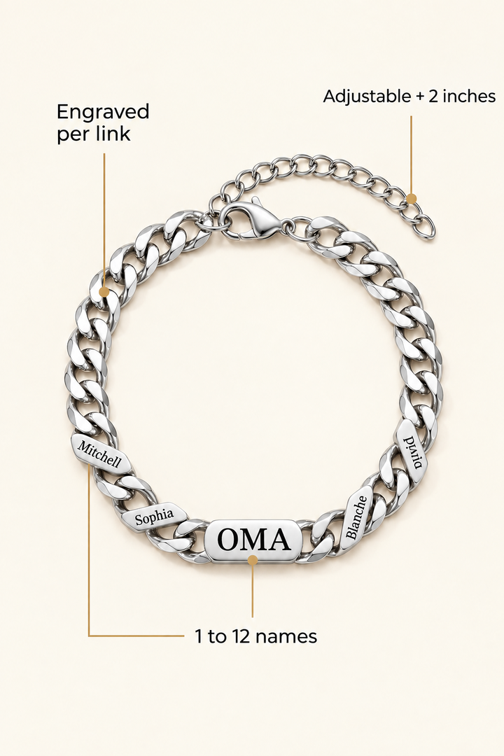 Silver-tone bracelet with engraved name links and an adjustable 2-inch extension