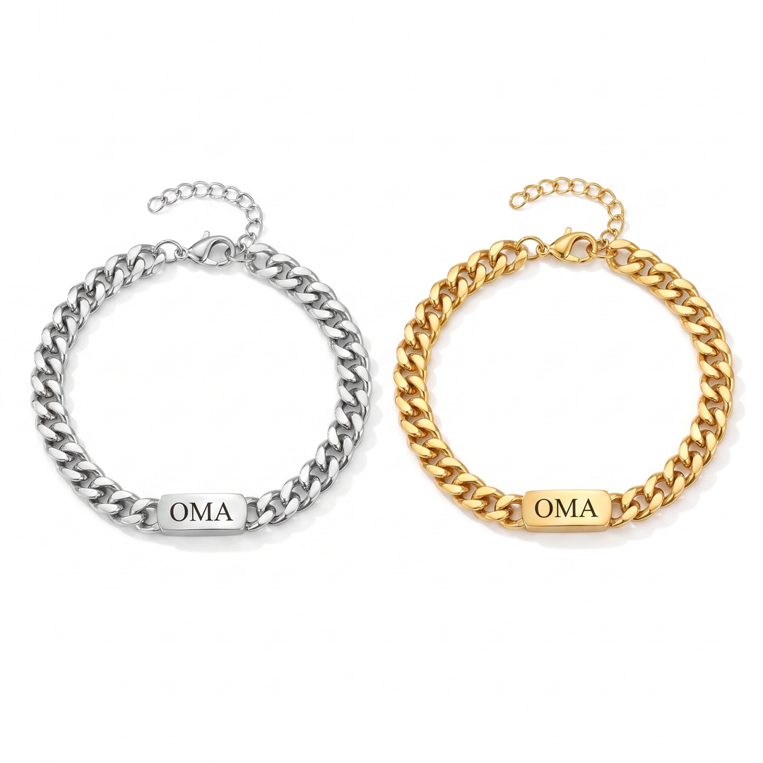 Silver-tone and gold-tone curb chain bracelets with a single engraved center bar and extender chain