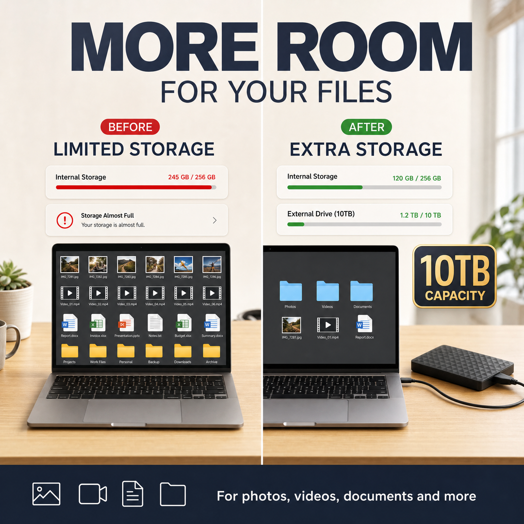 Detail showing a laptop with nearly full internal storage and the drive attached with free space.